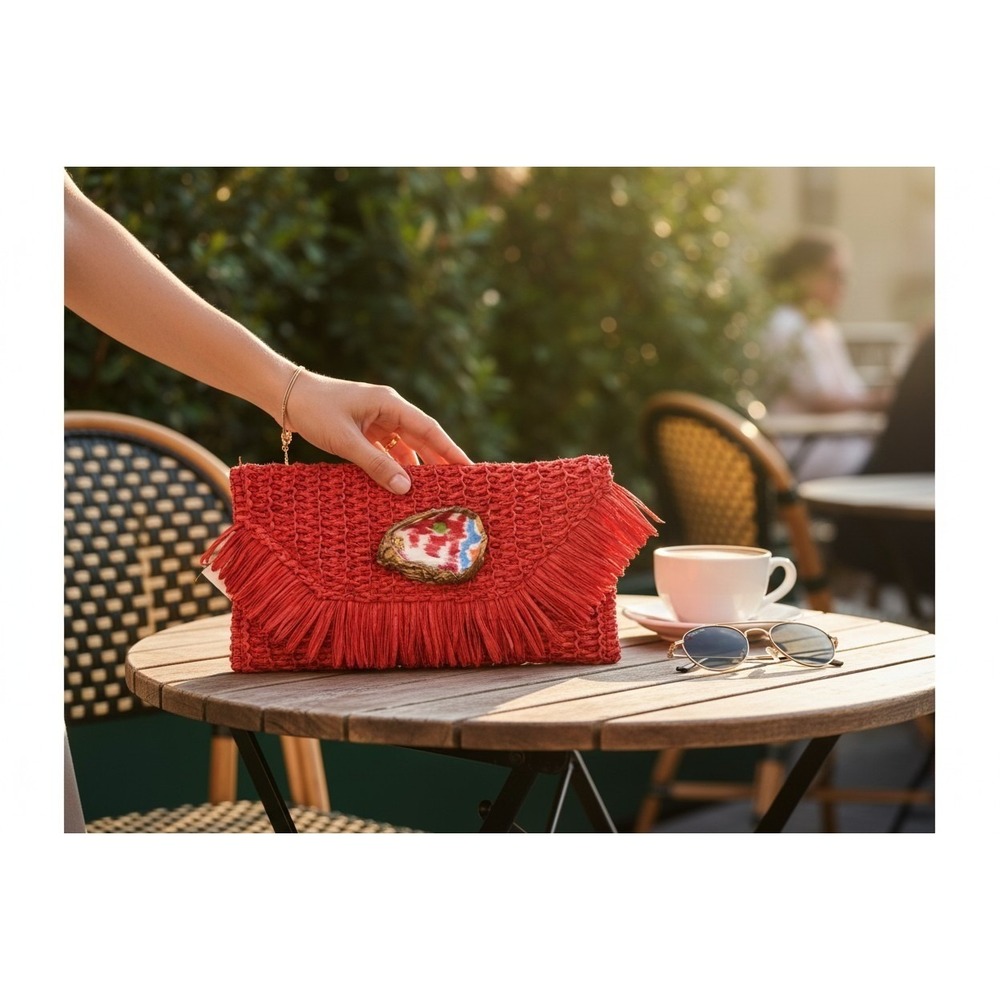 Raffia Fringe Clutch Women Red Woven Boho Straw Magnetic Snap Small